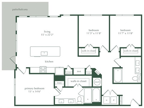 Floor plan for 3 beds, 2 baths, 1473 sqft